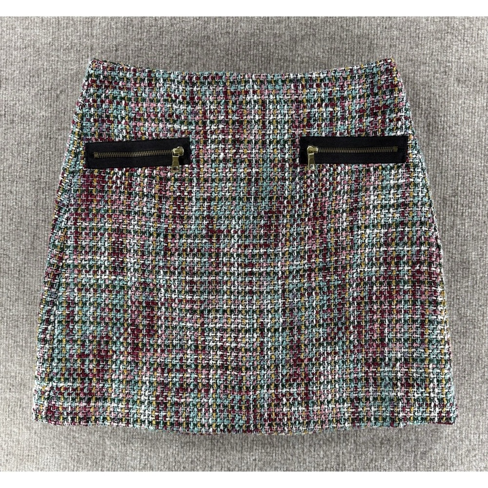 LOFT Petites Tweed Mini Skirt Womens 4P Multicolor Zip Pocket‎ Lined Preppy